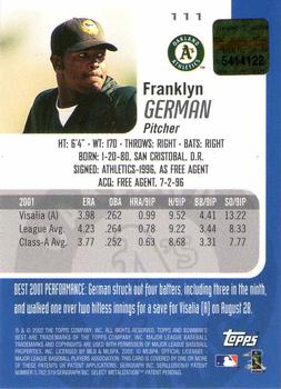 2002 Bowman's Best #111 Franklyn German Back
