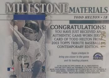 2003 Topps Tribute Contemporary - Milestone Materials Relics Red #MIM-TH Todd Helton Back