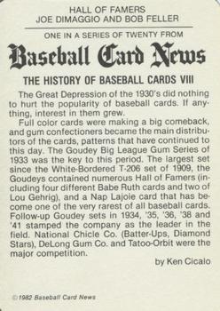 1982 Baseball Card News #VIII Joe DiMaggio / Bob Feller Back