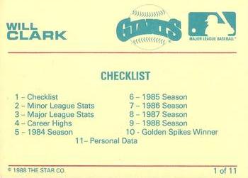 1988 Star Will Clark Bay Bombers Series #1 Will Clark Back