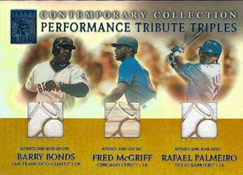 2003 Topps Tribute Contemporary - Performance Triple Relics Gold #PTT-BMP Barry Bonds / Fred McGriff / Rafael Palmeiro Front