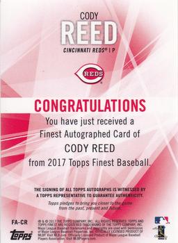 2017 Finest - Finest Autographs Blue Refractor #FA-CR Cody Reed Back