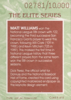 1991 Donruss - The Elite Series #8 Matt Williams Back