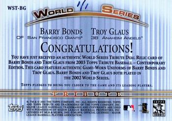 2003 Topps Tribute Contemporary - World Series Double Relics Gold #BG Barry Bonds / Troy Glaus Back