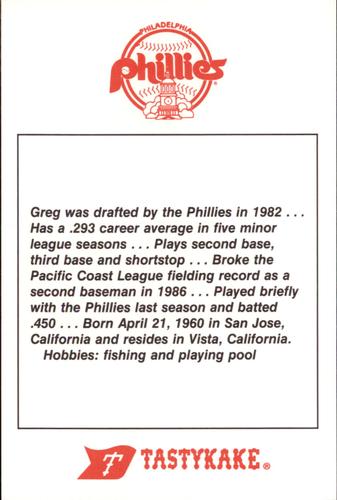 1987 Tastykake Philadelphia Phillies #NNO Greg Legg Back