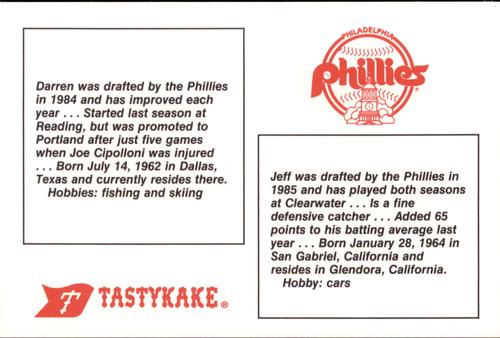 1987 Tastykake Philadelphia Phillies #NNO Jeff Kaye / Darren Loy Back