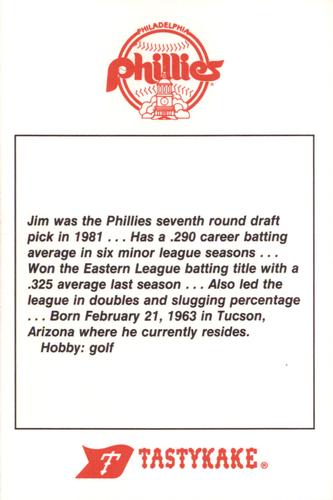 1987 Tastykake Philadelphia Phillies #NNO Jim Olander Back