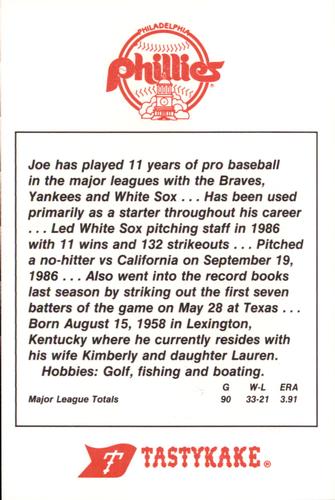 1987 Tastykake Philadelphia Phillies #NNO Joe Cowley Back