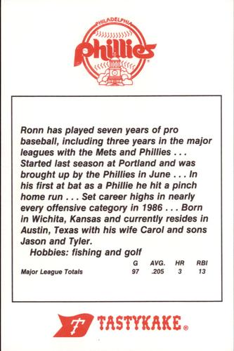 1987 Tastykake Philadelphia Phillies #NNO Ronn Reynolds Back