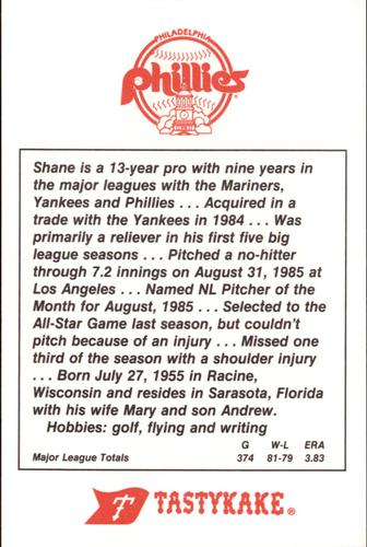 1987 Tastykake Philadelphia Phillies #NNO Shane Rawley Back