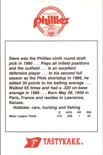 1987 Tastykake Philadelphia Phillies #NNO Steve Jeltz Back