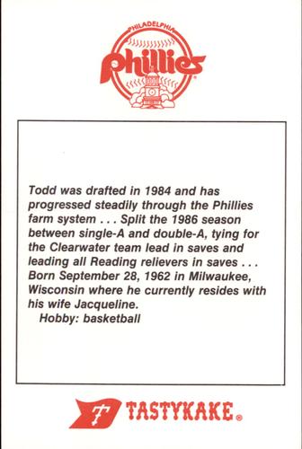 1987 Tastykake Philadelphia Phillies #NNO Todd Frohwirth Back