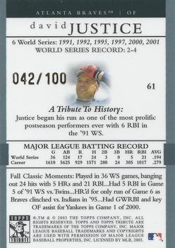 2003 Topps Tribute World Series - Gold #61 David Justice Back