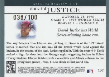 2003 Topps Tribute World Series - Gold #137 David Justice Back