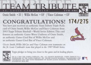 2003 Topps Tribute World Series - Team Tribute Relics #TTR-SMC Ozzie Smith  / Willie McGee / Vince Coleman Back