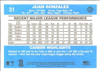 2002 Donruss Originals #31 Juan Gonzalez Back