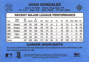 2002 Donruss Originals #319 Juan Gonzalez Back