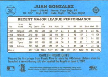 2002 Donruss Originals #361 Juan Gonzalez Back