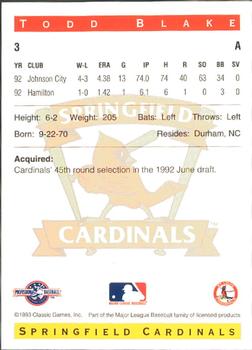 1993 Classic Best Springfield Cardinals #3 Todd Blake Back