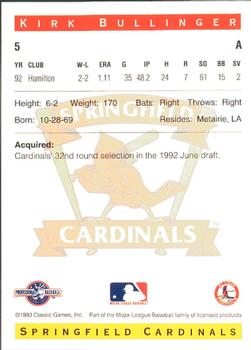 1993 Classic Best Springfield Cardinals #5 Kirk Bullinger Back