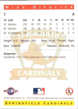 1993 Classic Best Springfield Cardinals #7 Mike DiFelice Back