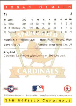 1993 Classic Best Springfield Cardinals #12 Jonas Hamlin Back