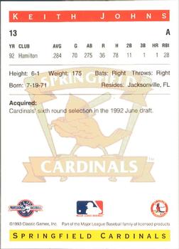 1993 Classic Best Springfield Cardinals #13 Keith Johns Back