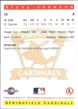 1993 Classic Best Springfield Cardinals #14 Steve Johnson Back
