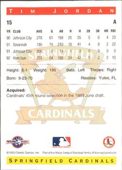 1993 Classic Best Springfield Cardinals #15 Tim Jordan Back