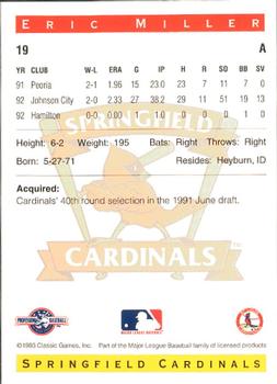 1993 Classic Best Springfield Cardinals #19 Eric Miller Back