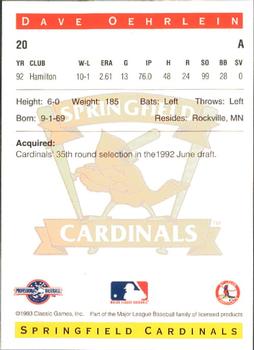 1993 Classic Best Springfield Cardinals #20 Dave Oehrlein Back