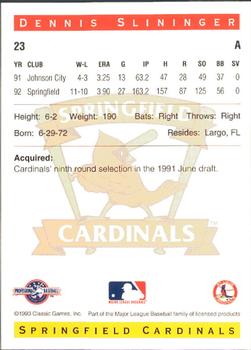 1993 Classic Best Springfield Cardinals #23 Dennis Slininger Back