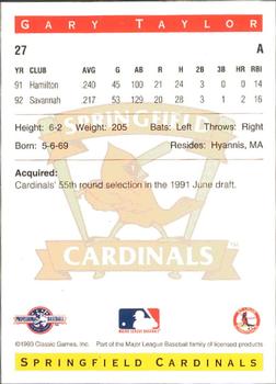 1993 Classic Best Springfield Cardinals #27 Gary Taylor Back