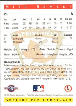 1993 Classic Best Springfield Cardinals #28 Mike Ramsey Back