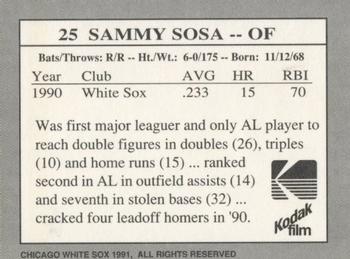 1991 Kodak Chicago White Sox #25 Sammy Sosa Back