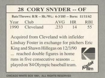 1991 Kodak Chicago White Sox #28 Cory Snyder Back