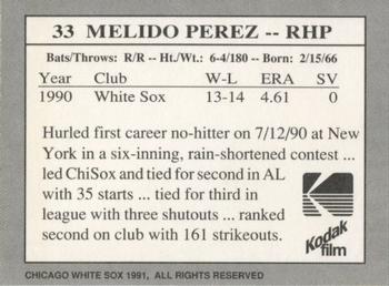 1991 Kodak Chicago White Sox #33 Melido Perez Back