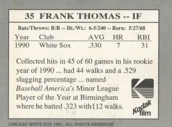 1991 Kodak Chicago White Sox #35 Frank Thomas Back