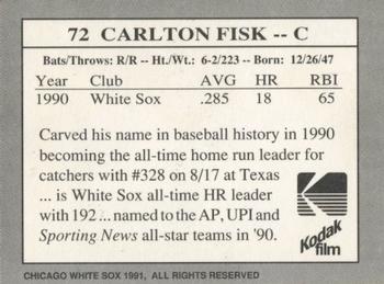 1991 Kodak Chicago White Sox #72 Carlton Fisk Back