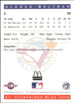 1993 Classic Best St. Catharines Blue Jays #3 Alonso Beltran Back