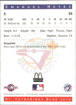 1993 Classic Best St. Catharines Blue Jays #9 Emanuel Hayes Back
