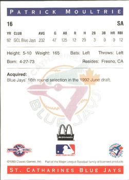 1993 Classic Best St. Catharines Blue Jays #16 Patrick Moultrie Back
