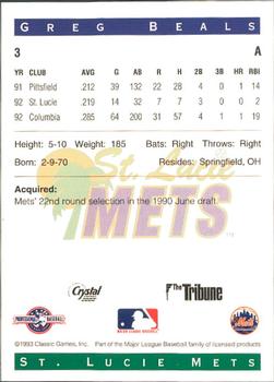 1993 Classic Best St. Lucie Mets #2 Greg Beals Back