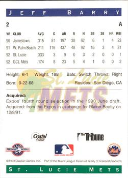 1993 Classic Best St. Lucie Mets #3 Jeff Barry Back