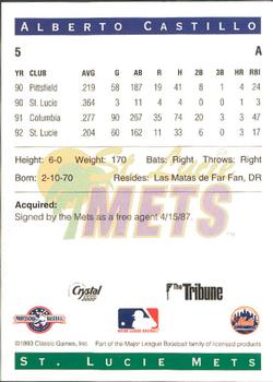 1993 Classic Best St. Lucie Mets #5 Alberto Castillo Back
