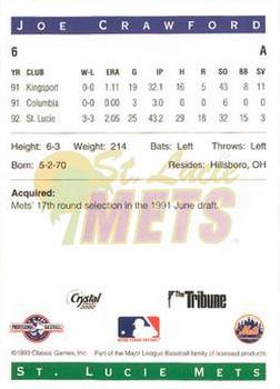 1993 Classic Best St. Lucie Mets #6 Joe Crawford Back