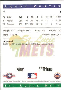 1993 Classic Best St. Lucie Mets #7 Randy Curtis Back