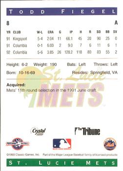 1993 Classic Best St. Lucie Mets #8 Todd Fiegel Back