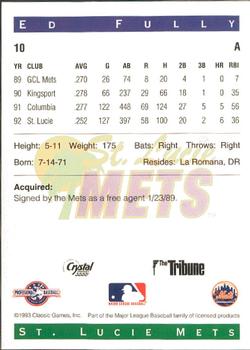 1993 Classic Best St. Lucie Mets #10 Ed Fully Back