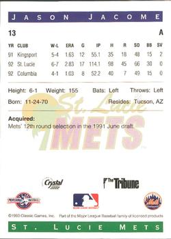 1993 Classic Best St. Lucie Mets #13 Jason Jacome Back